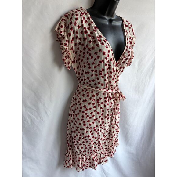 Billabong Wrap and Roll Dress White Red Mini Floral Ruffle Hem Size M Romantic - Picture 4 of 12
